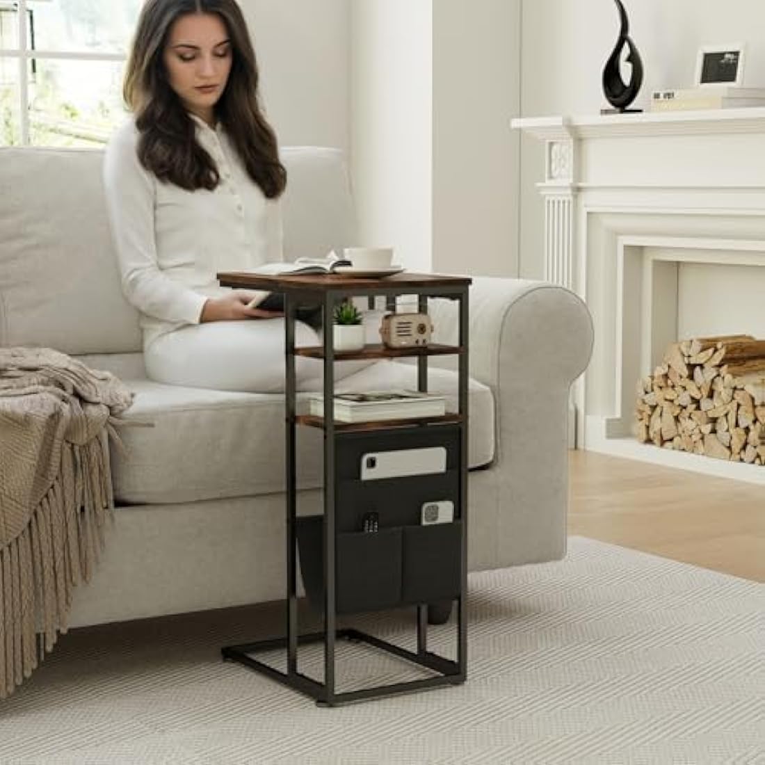 ZEXVIDA C Shaped Side Table, 3 Tier Sofa End Tables with Storage Bag, Sturdy Slide Under Sofa Slim Side Tables with Metal Frame for Small Spaces, Living Room, Bedroom, Industrial (Rustic Brown)