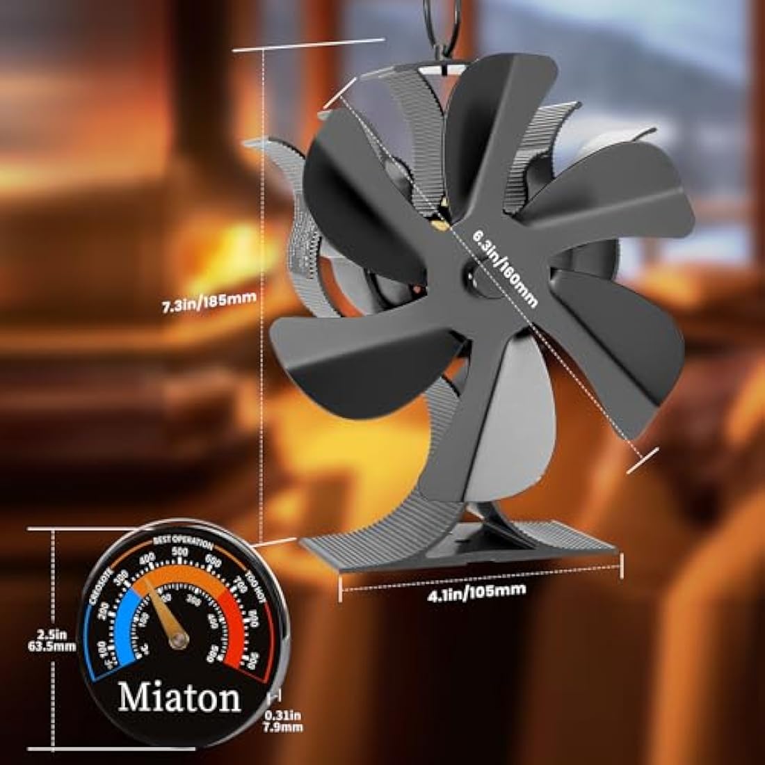 Miaton Log Burner Fan Silent Operation | 6-Blade Stove Fans for Wood Burner | Heat Powered Wood Burning Stove Fan with Log Burner Thermometer | Fireplace Accessories Tools