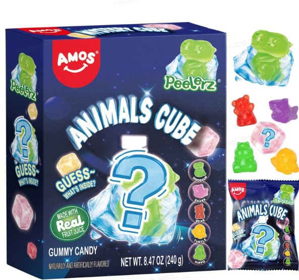 AMOS Peelerz Gummy Sweets, Valentines (Strawberry & Grape & Apple & Orange) Mystery Cube 4 Flavours Peelable Sweets Candy, Fruit Made Chews Snacks
