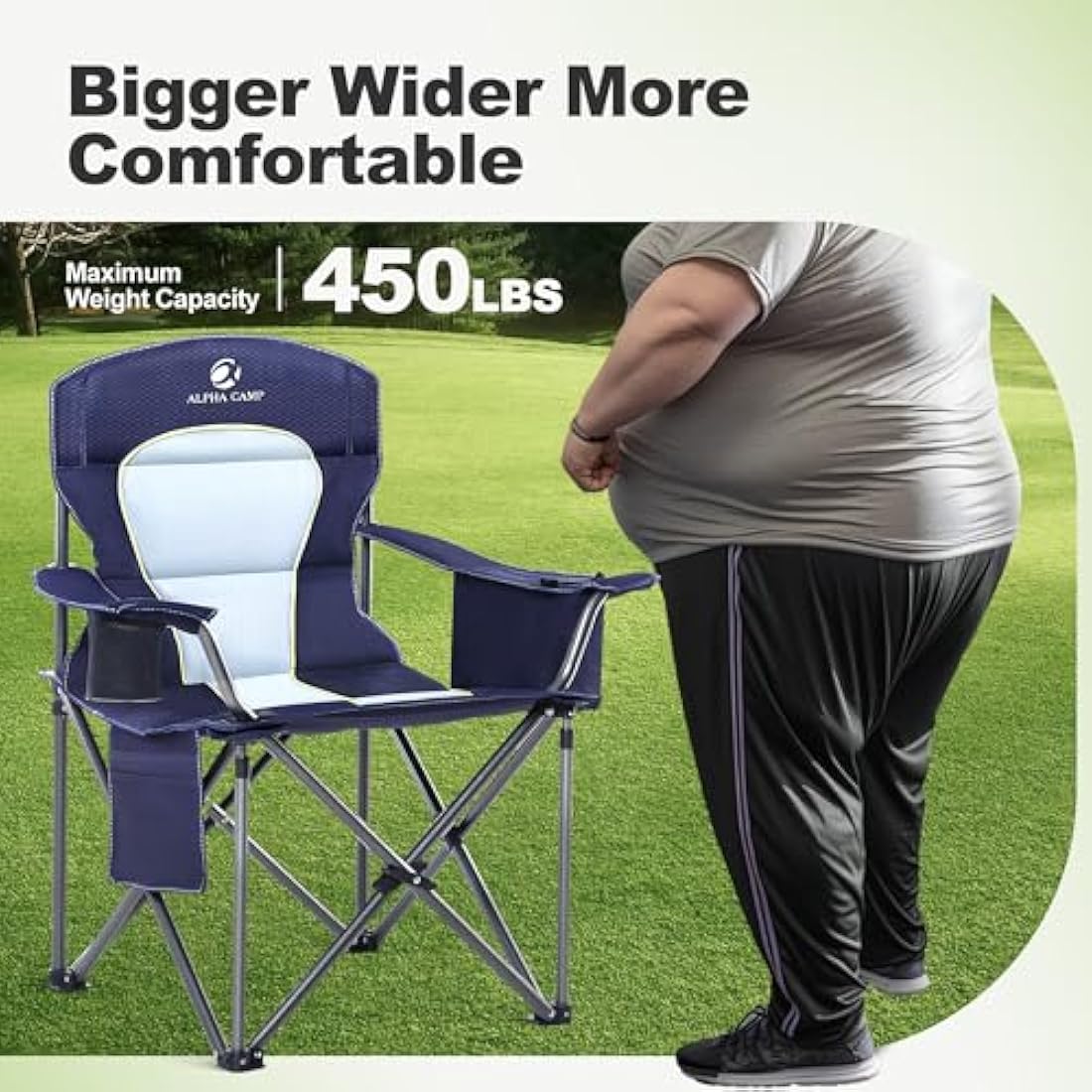 LET'S CAMP Folding Camping Chair Oversized Outdoor Chair with Drink Holders Cooler Bag, Support 200kg