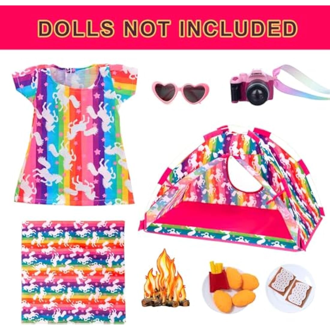 ZITA ELEMENT Unicorn Doll Camping Tent Set for 18 Inch Girl Doll Accessories Including 18 Inch Doll Tent Placemat Doll Clothes Chocolate Cookies Chicken Nuggets Paper Campfire eyeglasses