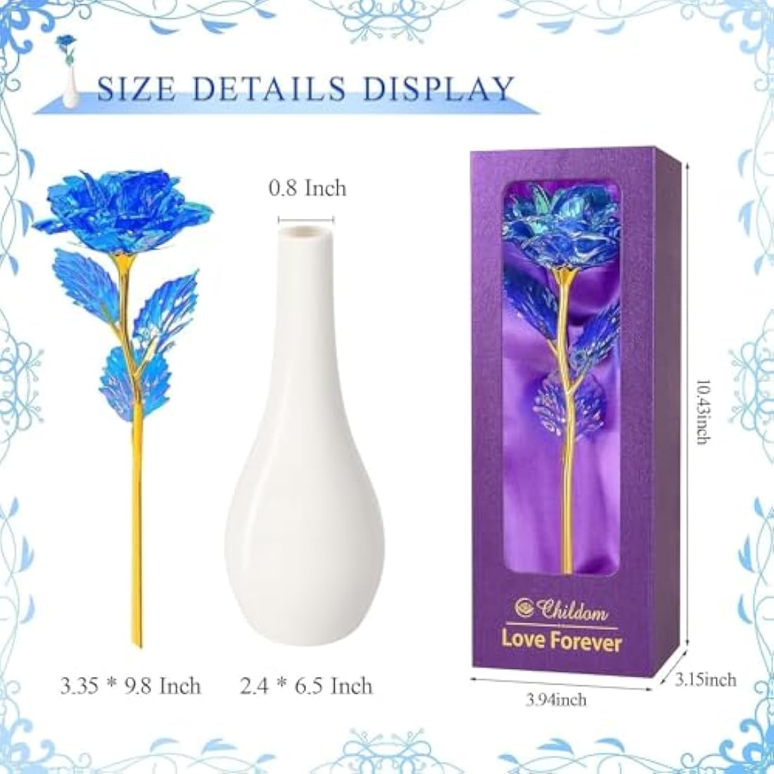Childom Birthday Gifts for Women,Christmas Rose Gifts For Women Her Mum,Blue Rose Flower With Vase,Valentines Present,Purple Flowers for Grandma Wife Girl Anniversary Christmas Wedding Engagement