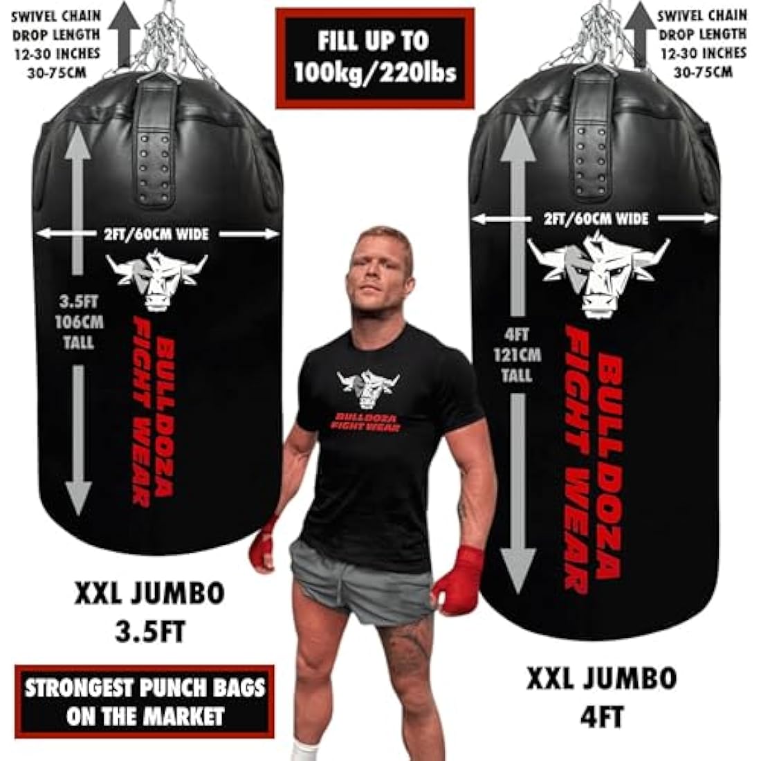 Jumbo Huge XXL Bull Doza Fight Wear Heavy-Duty Self-Fill Punching Bag - Punch Bag with Hanging Chains, Swivel, Carabiners - Boxing Bag for MMA, Kickboxing, Muay Thai, Martial Arts