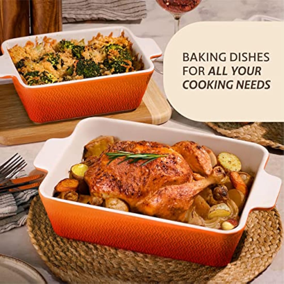 Ceramic Casserole Dish 28cm - Large Baking Dish for Lasagne, Tiramisu - Non-stick Rectangular Bakeware - Extra High Edge - Oven & Dishwasher Safe - Orange