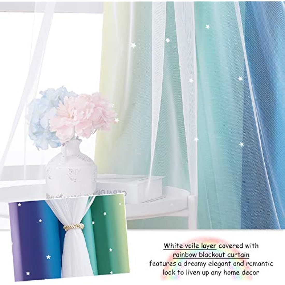 NICETOWN Kids Blackout Curtains - Stars Cut Out Thermal Curtains for Nursery Girls Boys Bedroom Living Room Rainbow Drapes with Eyelet, 2 Panels W52 x L84 Inch (132x213 cm), Purple Blue Green Yellow