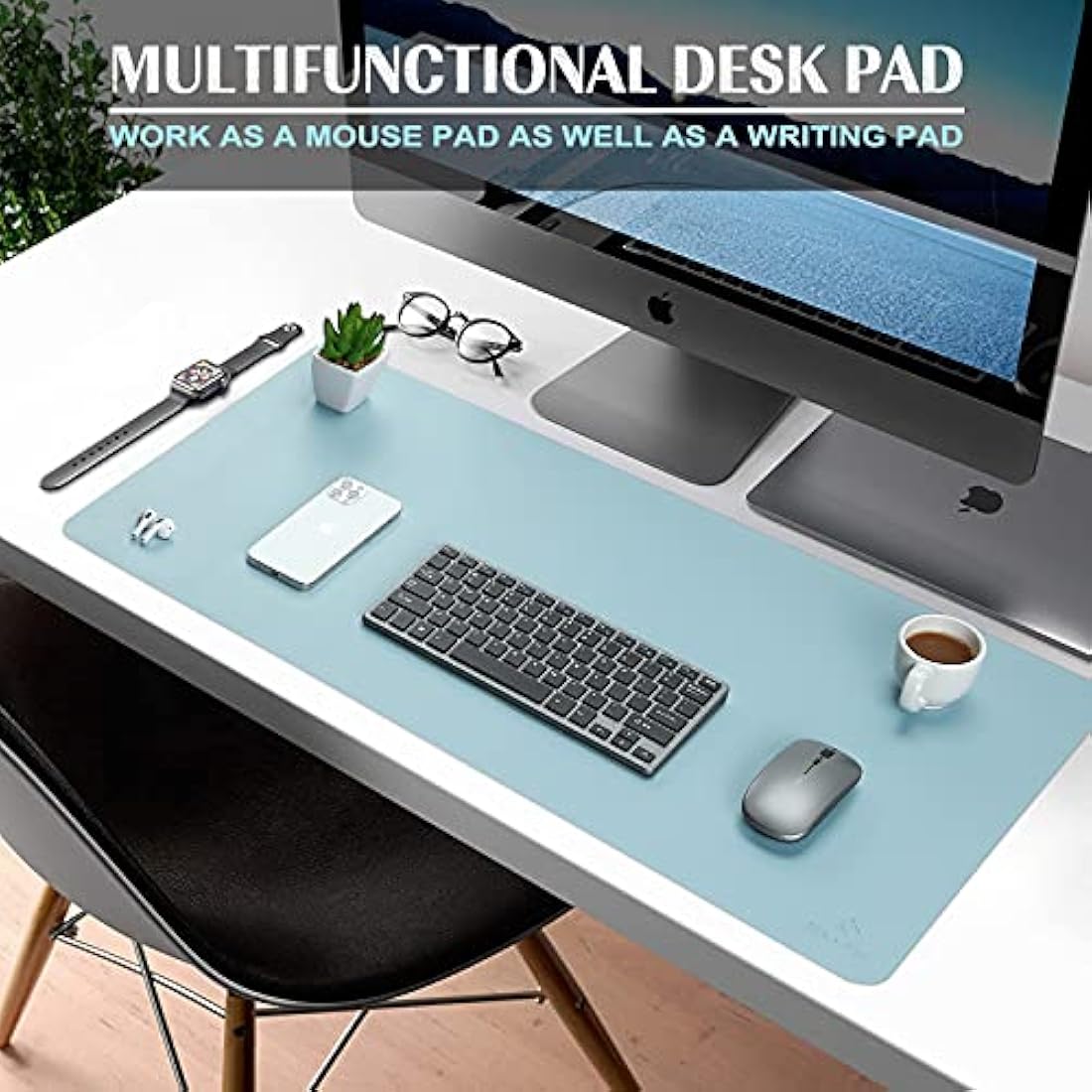 K KNODEL Large Office Leather Desk Mat, Mouse and Keyboard Pad, Computer and Laptop Mat, Desktop Protector and Cover, Writing Pad and Blotter (80x40cm, Light Blue)