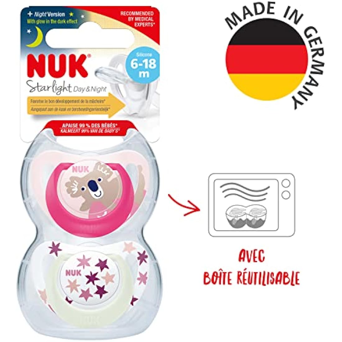 NUK Star Night & Day Baby Pacifier | 6-18 Months | Glow in The Dark Soothers | BPA-Free Silicone | Pink Koala | 2 Pieces