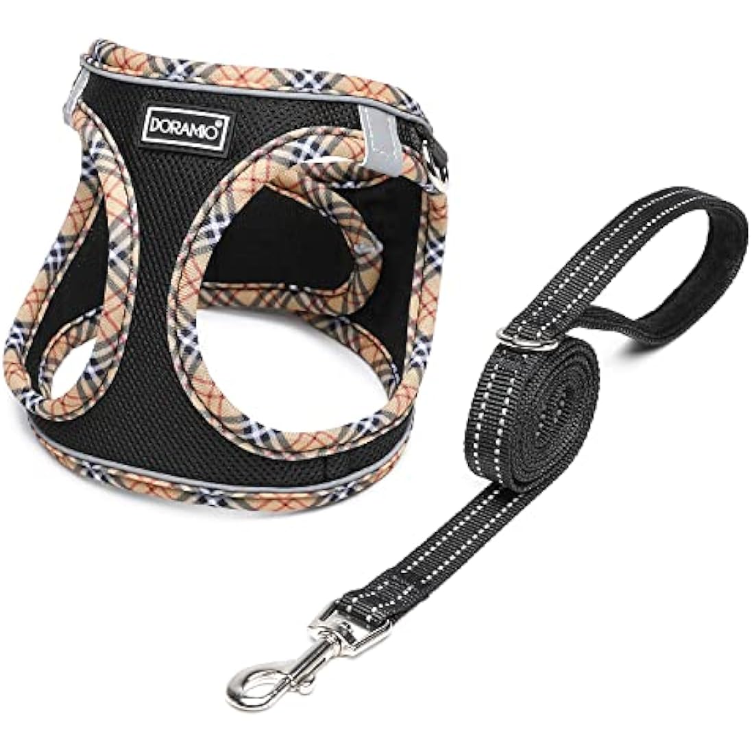 DORAMIO Step-in Dog Harness and Leash Set, Soft Mesh No-Chock Reflective Breathable Easy Walk Lightweight Vest Harnesses with Safety Buckle for Small Dogs, Cats, Puppies (Black Yellow, M)