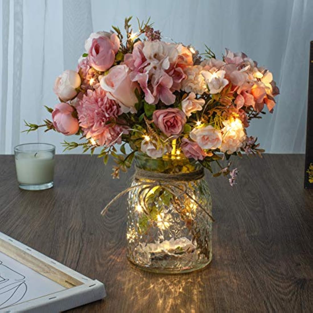 KELINGO Artificial LED Pink Rose Flowers with Glass Vase, Flower Arrangement for Table Centerpiece, Home Office Wedding Decoration
