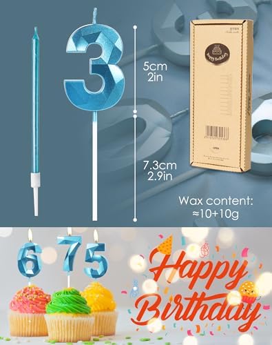 Boys Blue 13th Birthday Candles Set - Number 13 & Long Blue Candles for Birthday Cake & Party Decorations