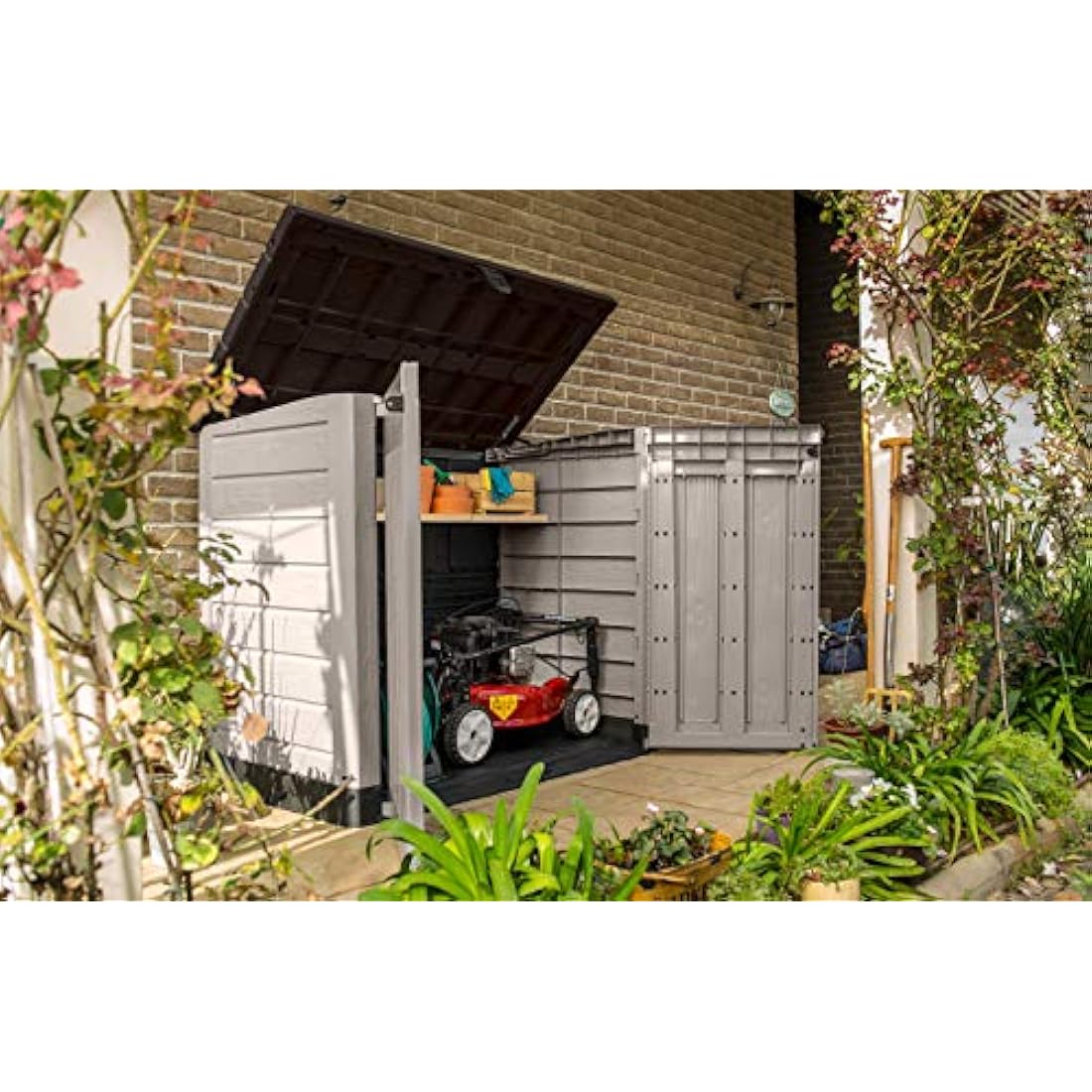 Keter Store It Out Pro Outdoor Garden Furniture Storage Shed Beige with Brown Lid Fade Free All Weather Resistant Safe and Secure Zero Maintenance 5 year Warranty