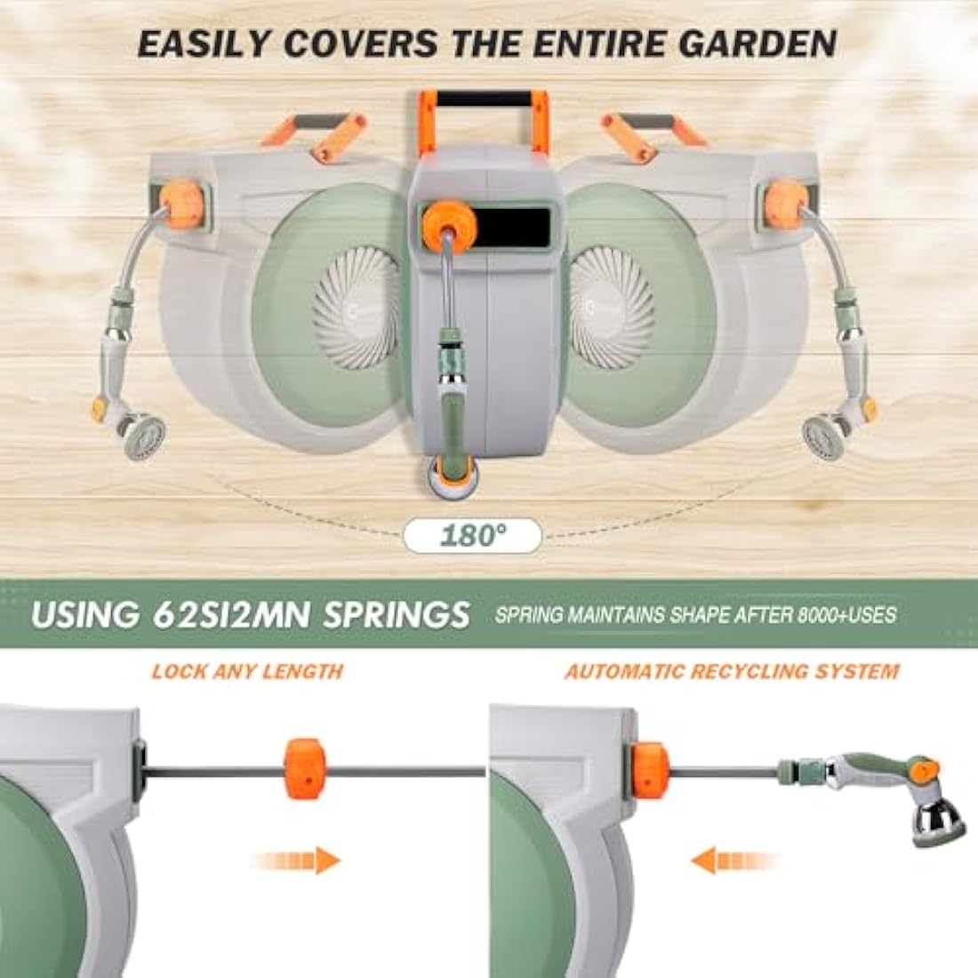Retractable Garden Hose Reel 38m+2m, Wall Mounted Hose Reel,Heavy Duty Hose Pipe Reel with 10 Pattern Hose Nozzle, Auto Lock and Auto Rewind, Lock at Any Length,180°Swivel Bracket