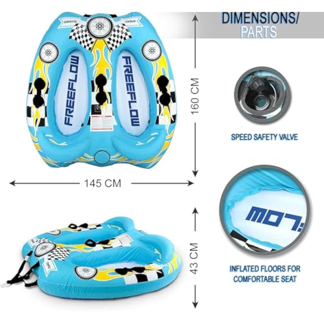 SereneLife Water Sports Inflatable Towing Hose Booster Tube, Water Towing Raft, Inflatable Towboats/Hoses/Towable with Double Seats, PVC Bubble, Foam Padding, Nylon Handles, blue