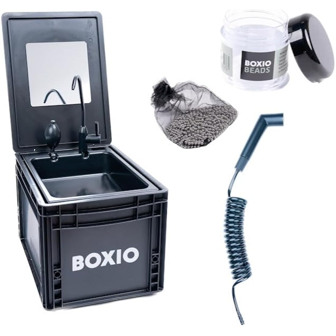 BOXIO - WASH Plus: Mobile Sink with Hand Pump, Shower Head, Mirror & Cleaning Beads - Van, Camping, Garden Sink with Tap, Plastic, Black