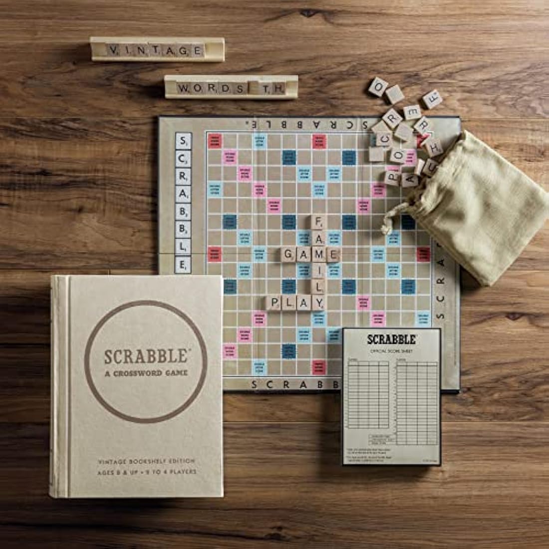 WS Game Company Scrabble Linen Vintage Bookshelf Edition - Wooden Tiles, Vintage 1948 Game Board, Ages 8+ - For 2 to 4 Players