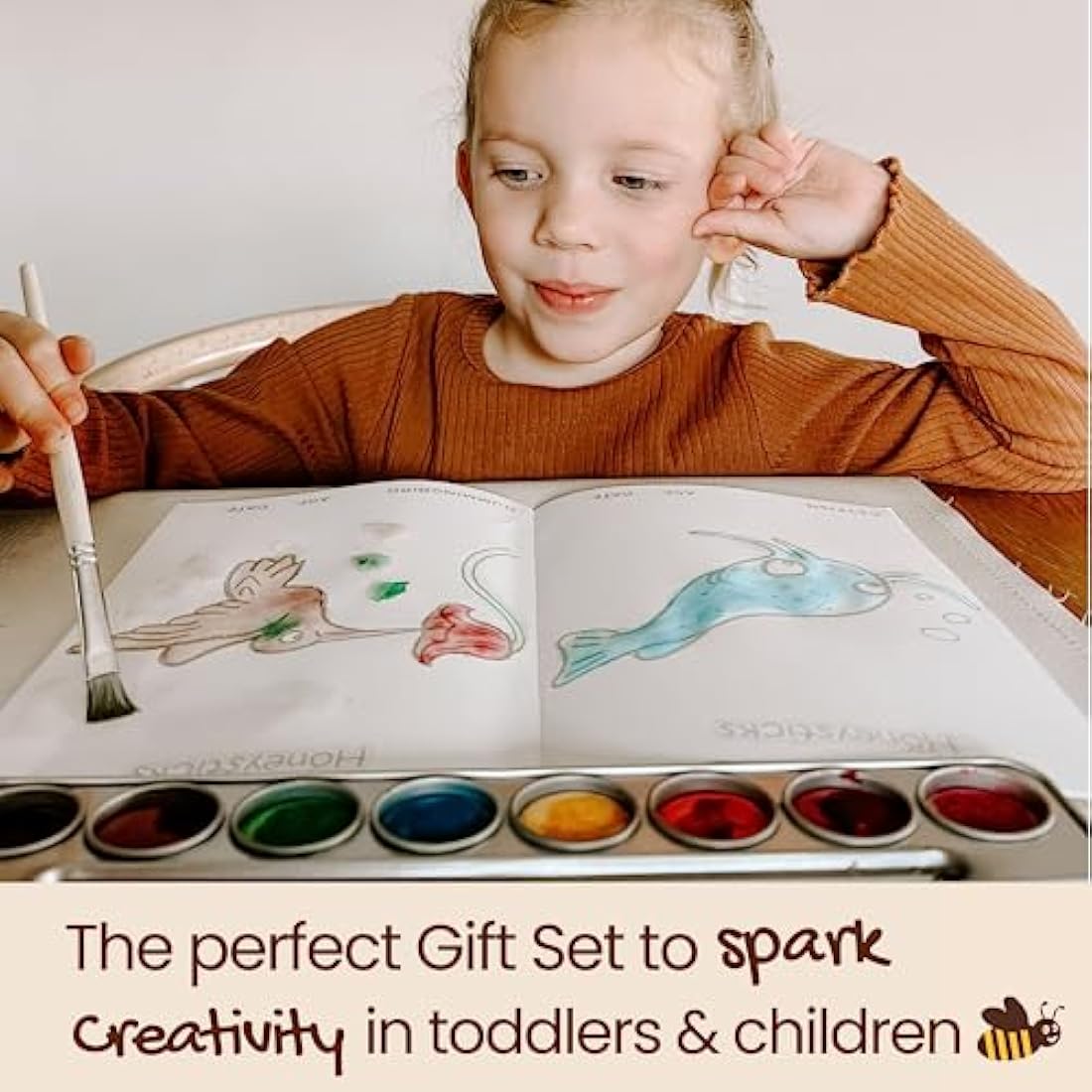 Honeysticks Non Toxic Watercolour Paint Set for Kids and Toddlers - 8 Vibrant and Long Lasting Colours with Brush - Natural and Food Grade Ingredients - Child Safe Art Supplies - Great Gift Idea