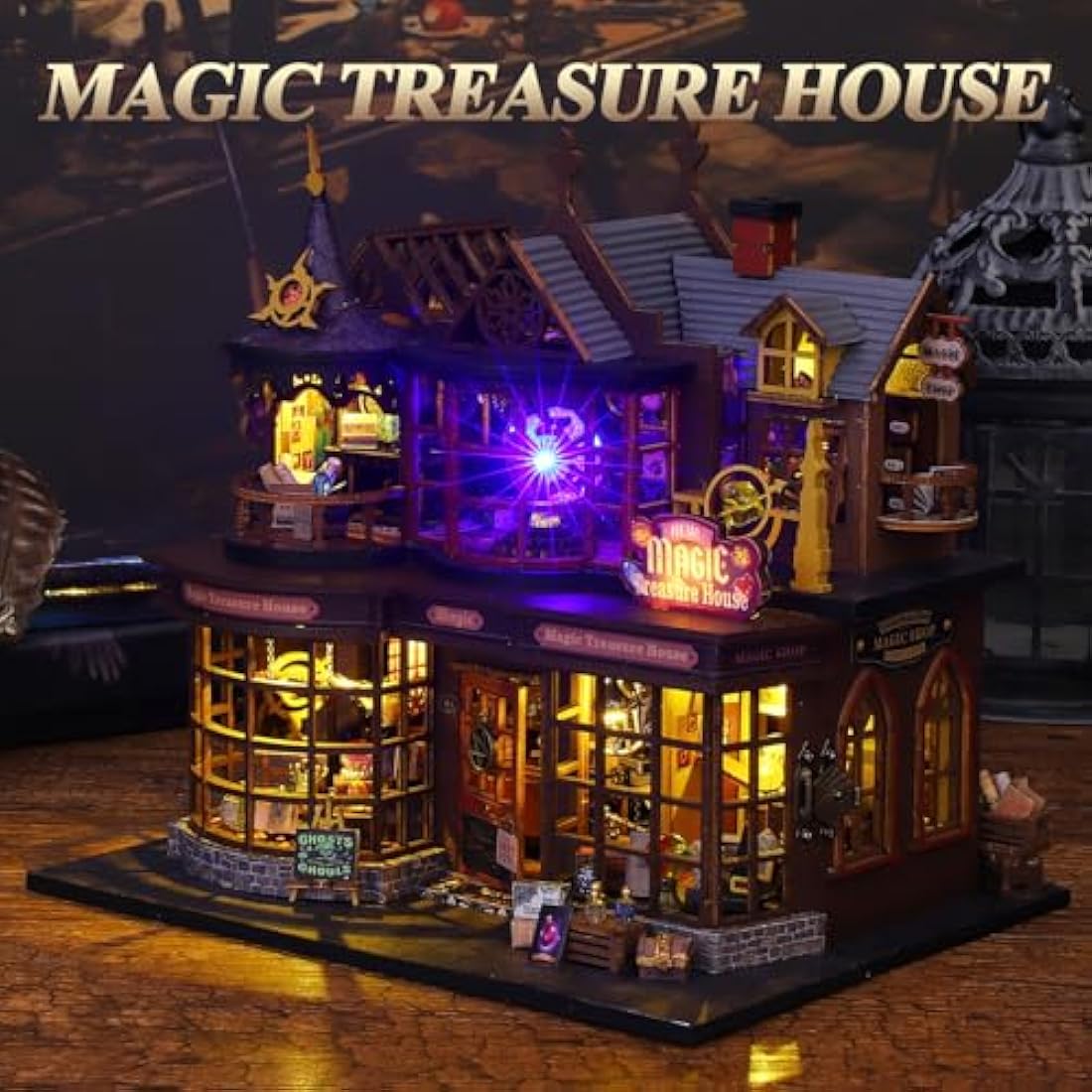 Mostop DIY Miniature Dollhouse Kit, Wooden Dollhouse Kit Miniature House Kit with LED Light,Creative Room Idea for Kids/Adults Magic House DIY Kits (Magic Treasure House)