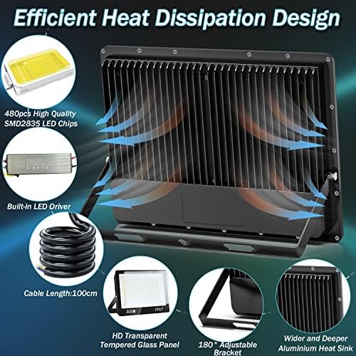 YIQIBRO 300W LED Floodlight Outdoor 2 Pack, 30000LM 6500K Outdoor Flood Lights Super Bright LED Security Light, IP67 Waterproof Spotlight for Garden, Garage, Yard, Factory,Warehouse