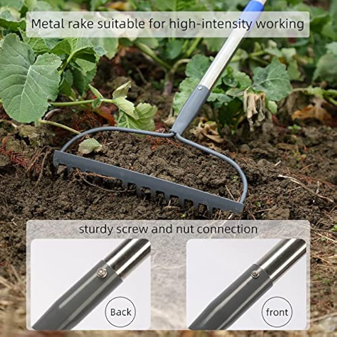 MIYA Garden Rakes for Soil with Long 182CM Handle,Heavy Duty 14 Tines Rake,Gardening Steel Tools&Equipment