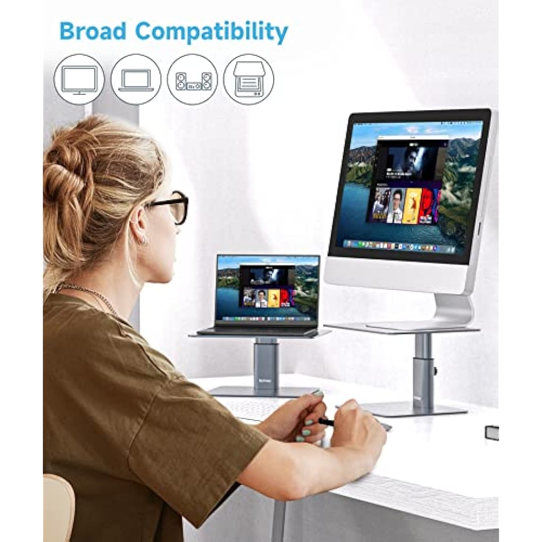 BoYata Monitor Stand Riser, Metallic Adjustable Height Desktop Stand Storage Organizer Compatible with Display, Computer, Laptop, iMac, TV, PC, Printer and All Screen Display-Grey