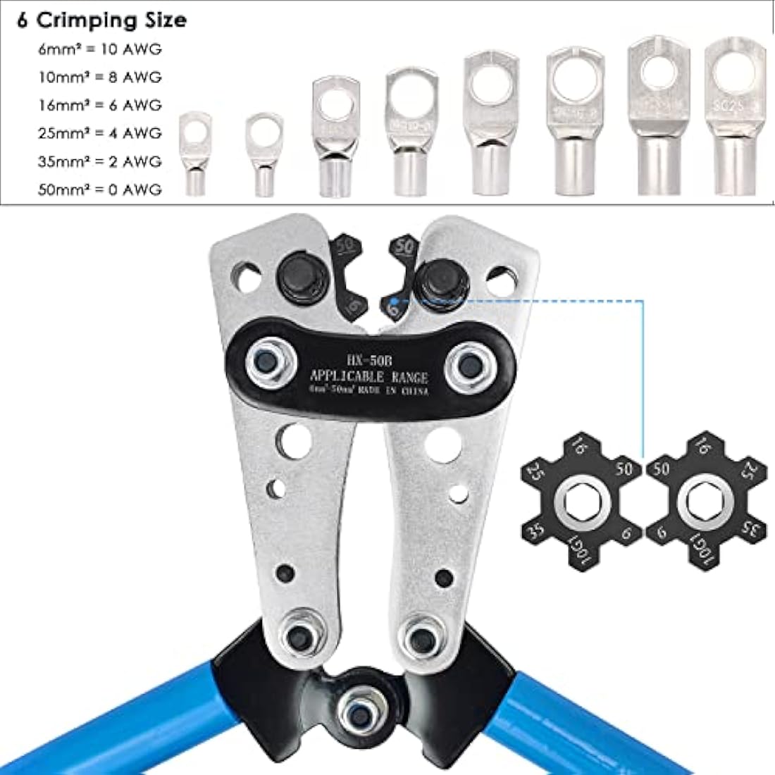 Solsop Battery Cable Crimping Tool Kit for 6-50mm² (AWG 10-1/0) Ewith 60PCS Copper Ring Terminals 8 Sizes Battery Cable Lug Crimper for Heavy Duty Wire Lugs, Battery Terminal, Copper Lugs