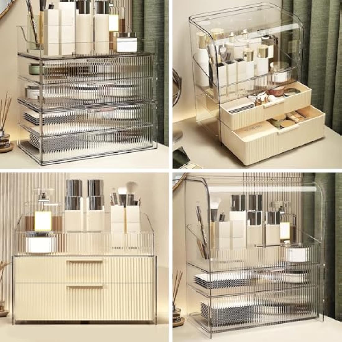 DASITON Clear Dustproof Two layers Storage Box,Makeup Brush Holder,Large Capacity Desktop Storage Box with Drawer,for Beauty Products,Perfume,Jewelry,Nail Polish