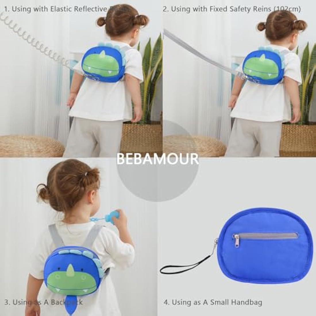 Bebamour Animal Toddler Backpack with Reins Mini Bag with Safety Leash for Children Portable Backpack Rucksack with Safety Harness for Boys and Girls, Blue Dino