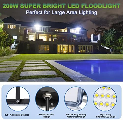 YIQIBRO 200W LED Floodlight Outdoor 2 Pack, IP67 Waterproof Outside Security Lights, 20000LM 7000K Cool White LED Floods Light Outdoor Spotlight for Garden, Garage, Warehouse, Workshop, Factory