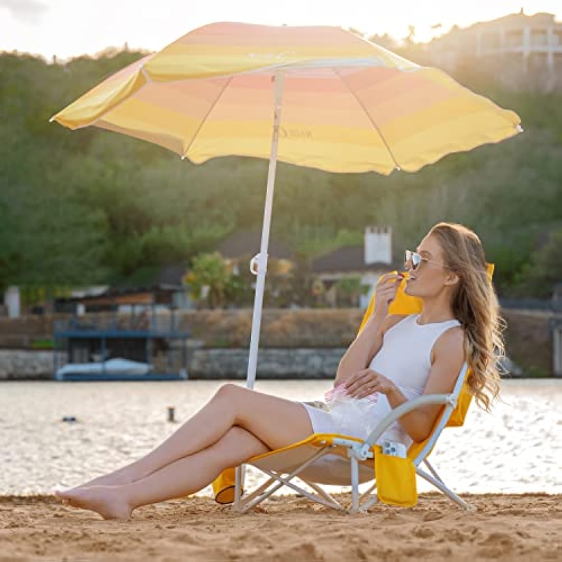 Nice C Beach Chair, Camping chair, Beach Chairs for Adults, with UPF 50 Umbrella and Cooler Bag, High Back, Cup Holder,Carry Bag,Heavy Duty, Outdoor(1 pack yellow)