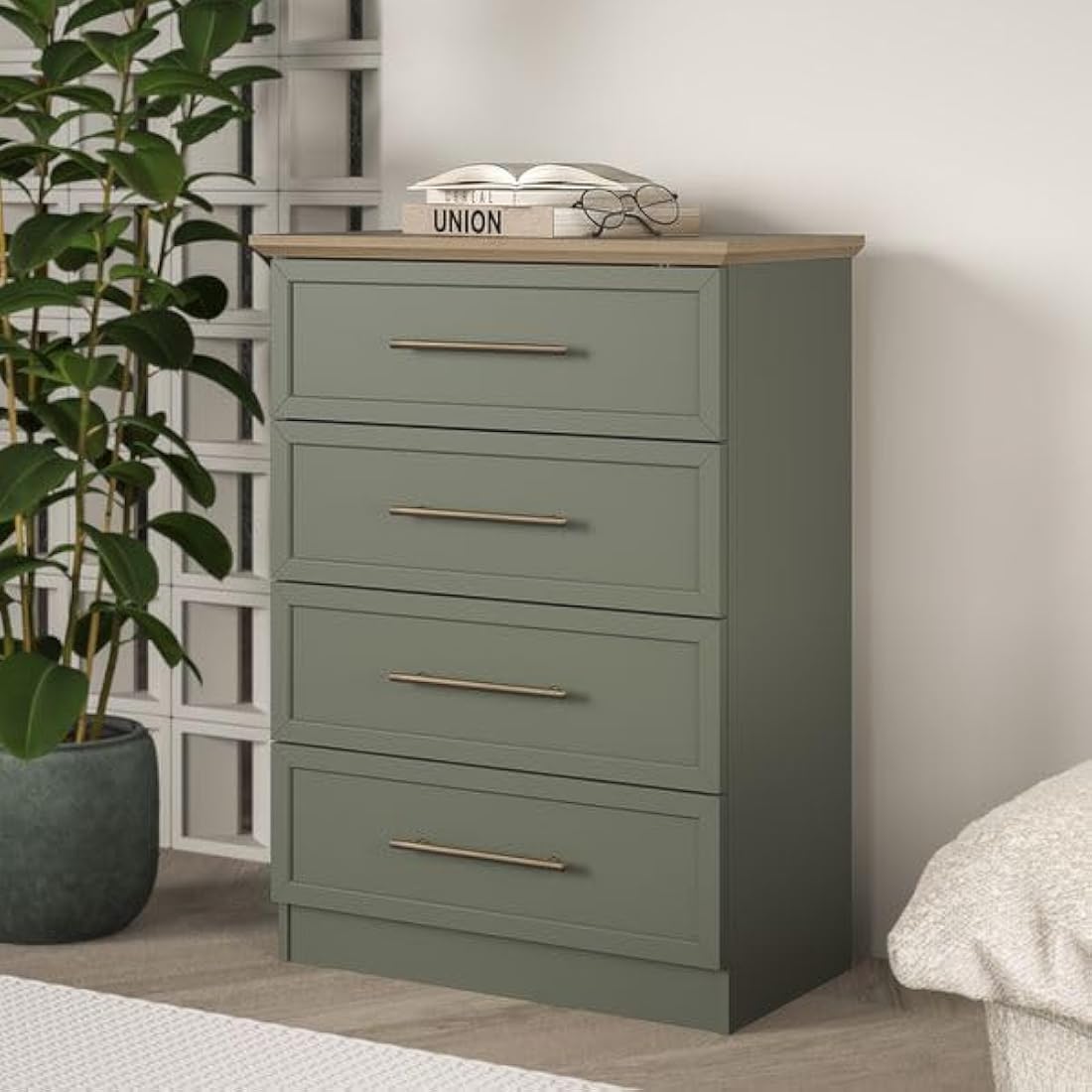 Galano Cleverton 4 Drawer Chest – Storage Cabinet for Bedroom, Hallway, or Entryway – Chest of Drawers & Closet Organizer – Kale Green/Oak Finish