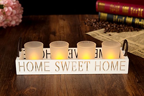 London Boutique Tea Light Candle Holder Set 4 Home Sweet Home with White Wooden Tray in Gift Box (Home Sweet Home set 4)