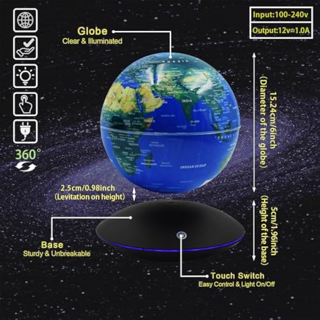 Surplex Luminous Floating World Globe with 7 Color Lights, Touch Control & Gradient Night Light Globe, Magnetic Levitation Field World Map for Educational & Gift, Home/Office Desk Decor for Kid Friend