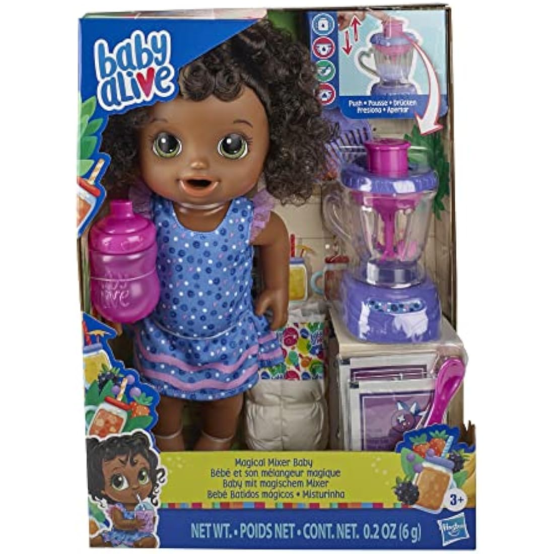 Baby Alive Magical Mixer Baby Doll Blueberry Blast with Blender Accessories, Drinks, Wets, Eats, Black Hair Toy for Children Aged 3 and Up