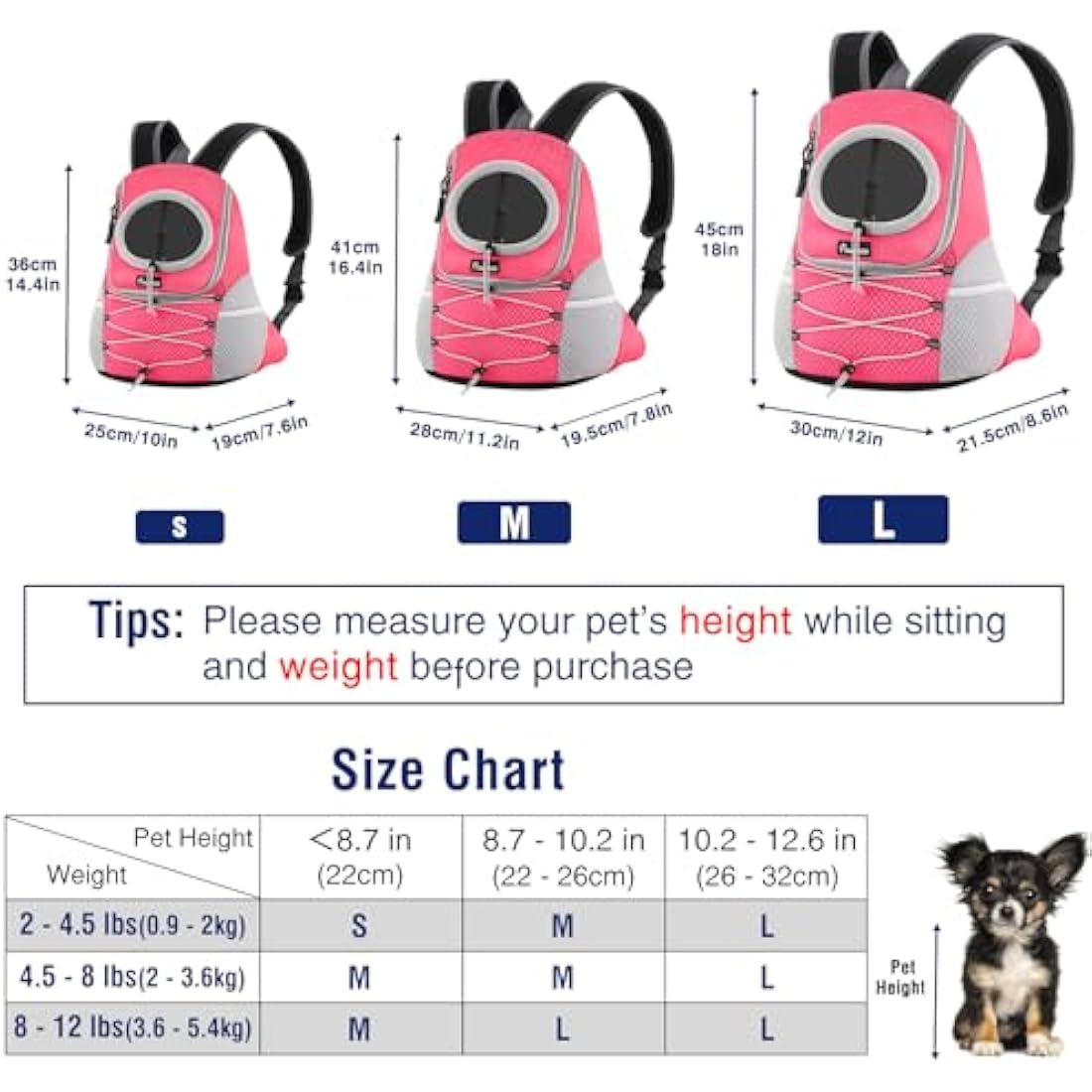 Pawaboo Pet Dog Carrier Backpack, Puppy Dog Travel Front Carrier for Small Medium Dogs Cats, Adjustable Breathable Dog Carrying Backpack with Safety Strips for Hiking, Walking (Pink M Up to 10 lbs)