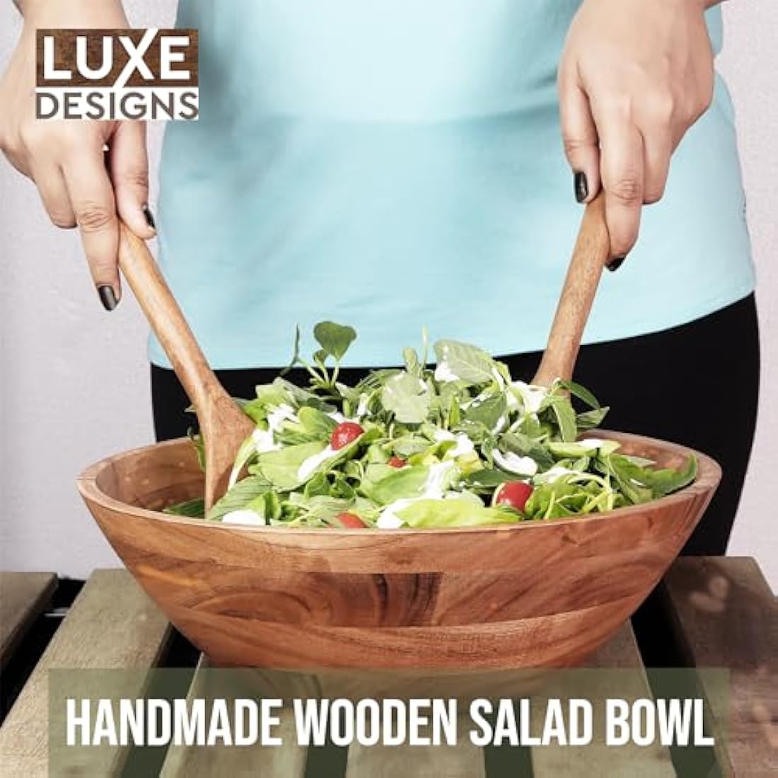 Luxe Designs Wooden Salad Bowl Set – Large Salad Bowl for Food, Fruits, or Salads – Durable Handmade Bowl with Spoon, Fork – Natural Wooden Bowls Decorative – Ideal Serving Bowl for Dining