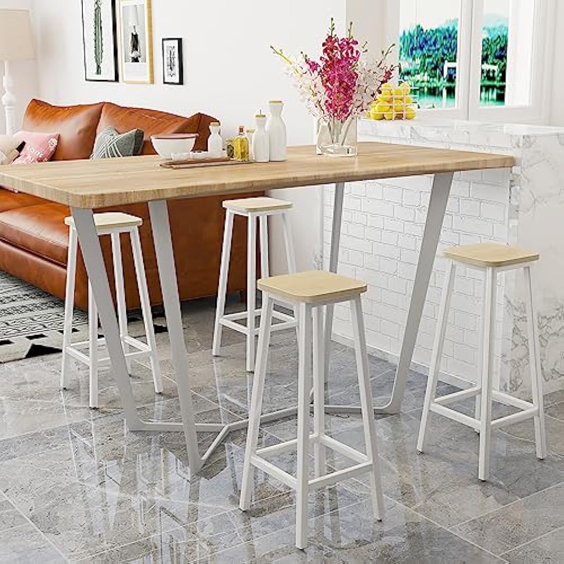 YMYNY Bar Stools Square Base Set of 2, Tall Breakfast Bar Stools with Footrest for Kitchen, Industrial Style, for Dining Room, Party Room, 29.5 x 29.5 x 70CM, Natural & White HBS511R