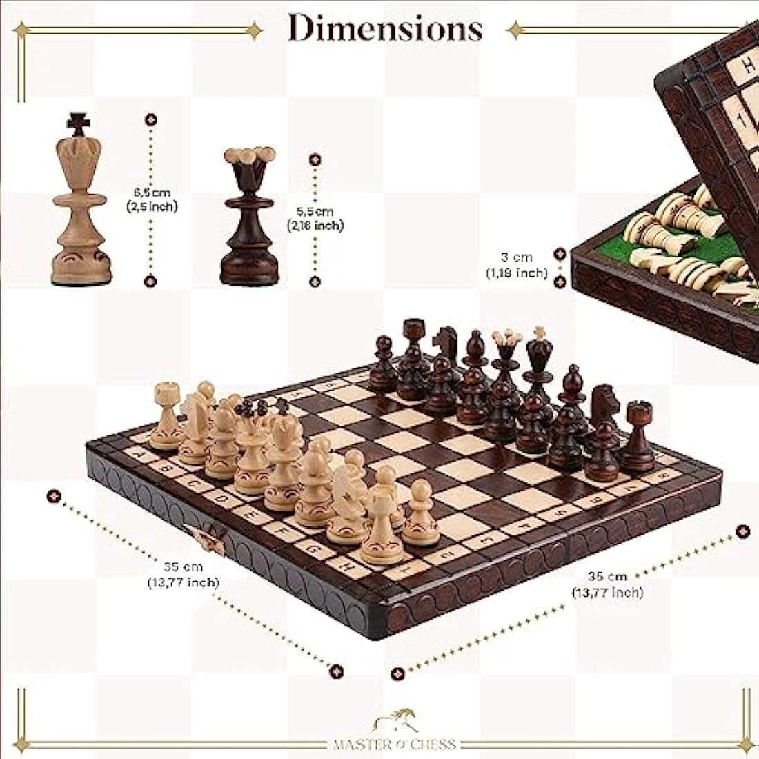 Master of Chess Wooden Chess Set with Pieces 35 cm / 14 in - Handcrafted Foldable and Small Chess Board Game for Adults and Kids