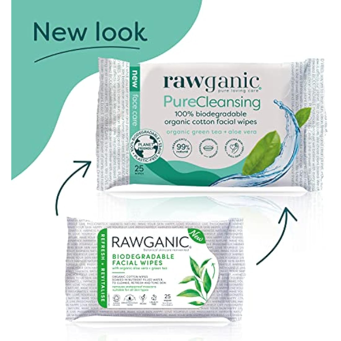 RAWGANIC Pure Cleansing Refreshing Facial Wipes with Aloe Vera and Green Tea | Gentle Soothing Biodegradable Makeup Removal Organic Cotton Wipes | 12 Packs (300 wipes in total)