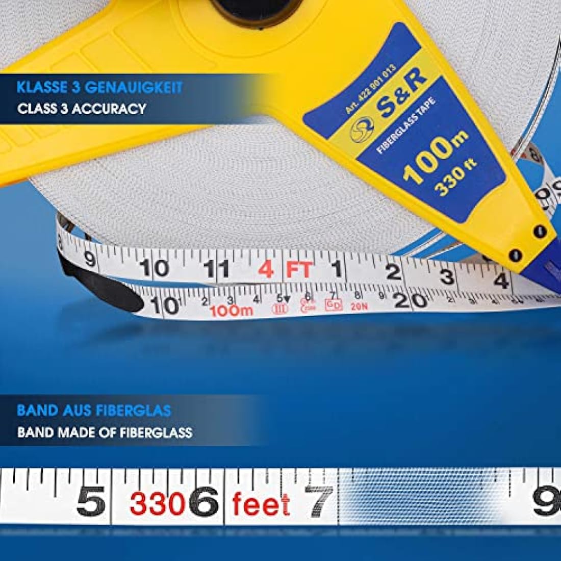 S&R Surveyors Tape Measure – 100m / 330ft Fiberglass Measuring Tape | Double-Sided Metric & Imperial Markings | Durable ABS Reel with Crank