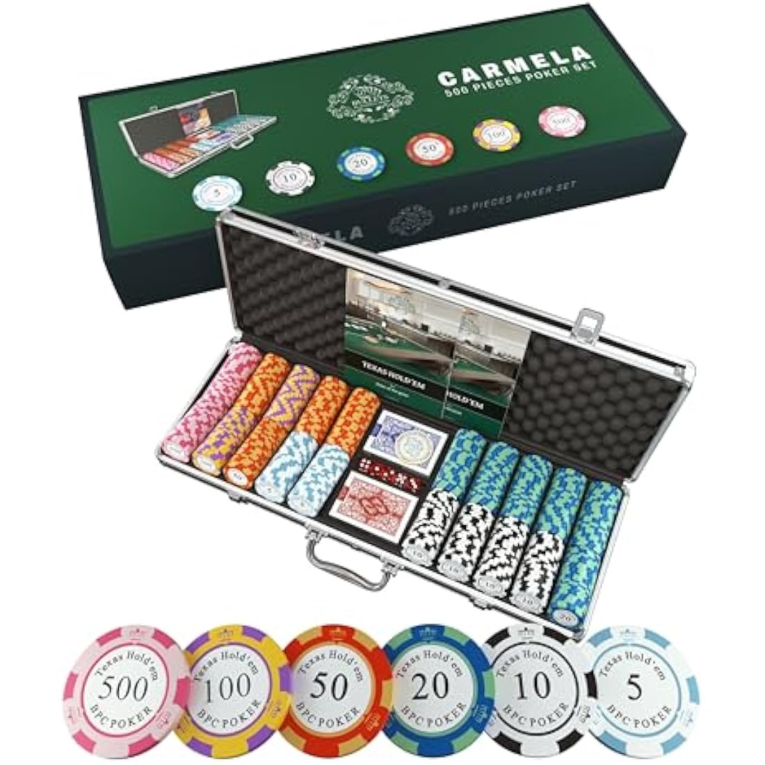 Bullets Poker Set, 2 Plastic Card, Dice, Dealer Button, Manual & Travel Case – with Case for Texas Hold’em, Casino Games, & Prominence – Ideal Poker Set with Chips and Cards, 500 Clay 'Carmela' Chips.
