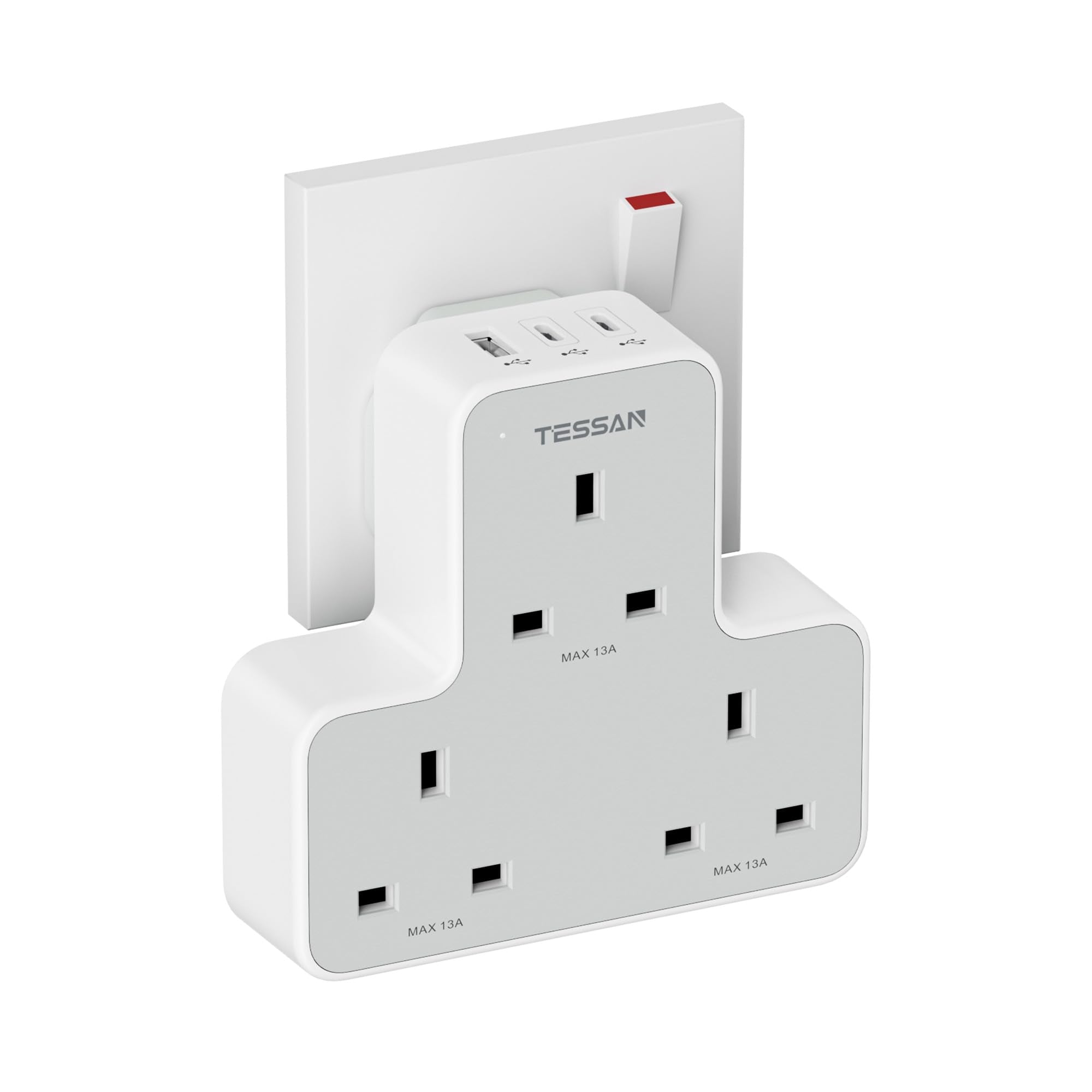 3 Way Plug Adapter UK, TESSAN Multiplug Socket with 3 USB, Wall Plug Extender Adapter, Multiple Outlets Extender with Triple USB Charger for Home,