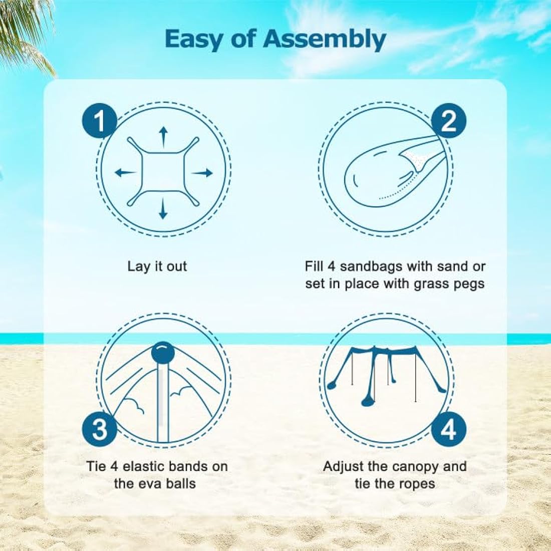 COMMOUDS Beach Tent Sun Shelter, UPF50+ Beach Shelter Canopy 2.1m x 2.1m, Portable Beach Umbrella Sun Shade with 4 Aluminum Poles, Easy Set Up Family Shelter for Beach, Camping, Fishing, Outdoors