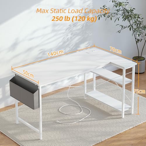 BEXEVUE Small L Shaped Desk with Power Outlets - 140x70cm Corner Computer Desk Writing Table, Reversible Large Storage Shelves, Bookshelf Workstation