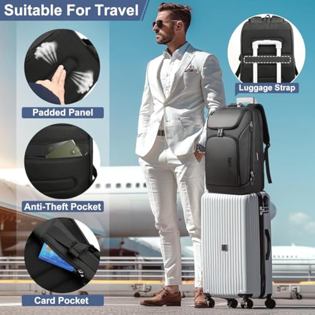 HEROIC KNIGHT Travel Laptop Backpack, 17.3 Inch Business Laptop Rucksack Bag With USB Charging Port, Water Resistant Carry on Backpack, Anti-Theft Computer Work Bag for Men Women-Black