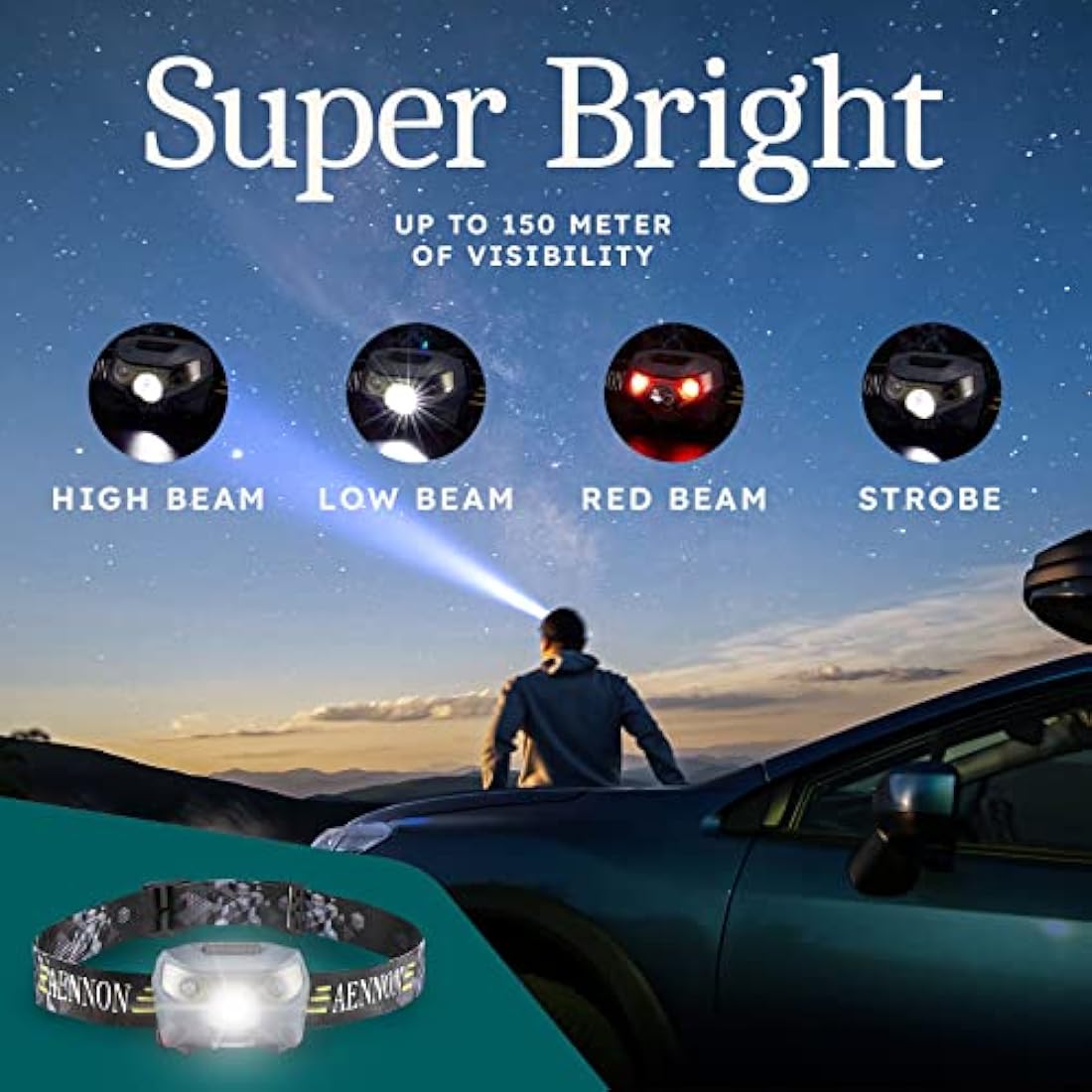 AENNON Rechargeable Head Torch (2 Pack) - 220 Lumens -, 30 Hour Battery - LED Waterproof Headlamp for Camping, Running, Hiking - 150m Vision Head Lights for Head