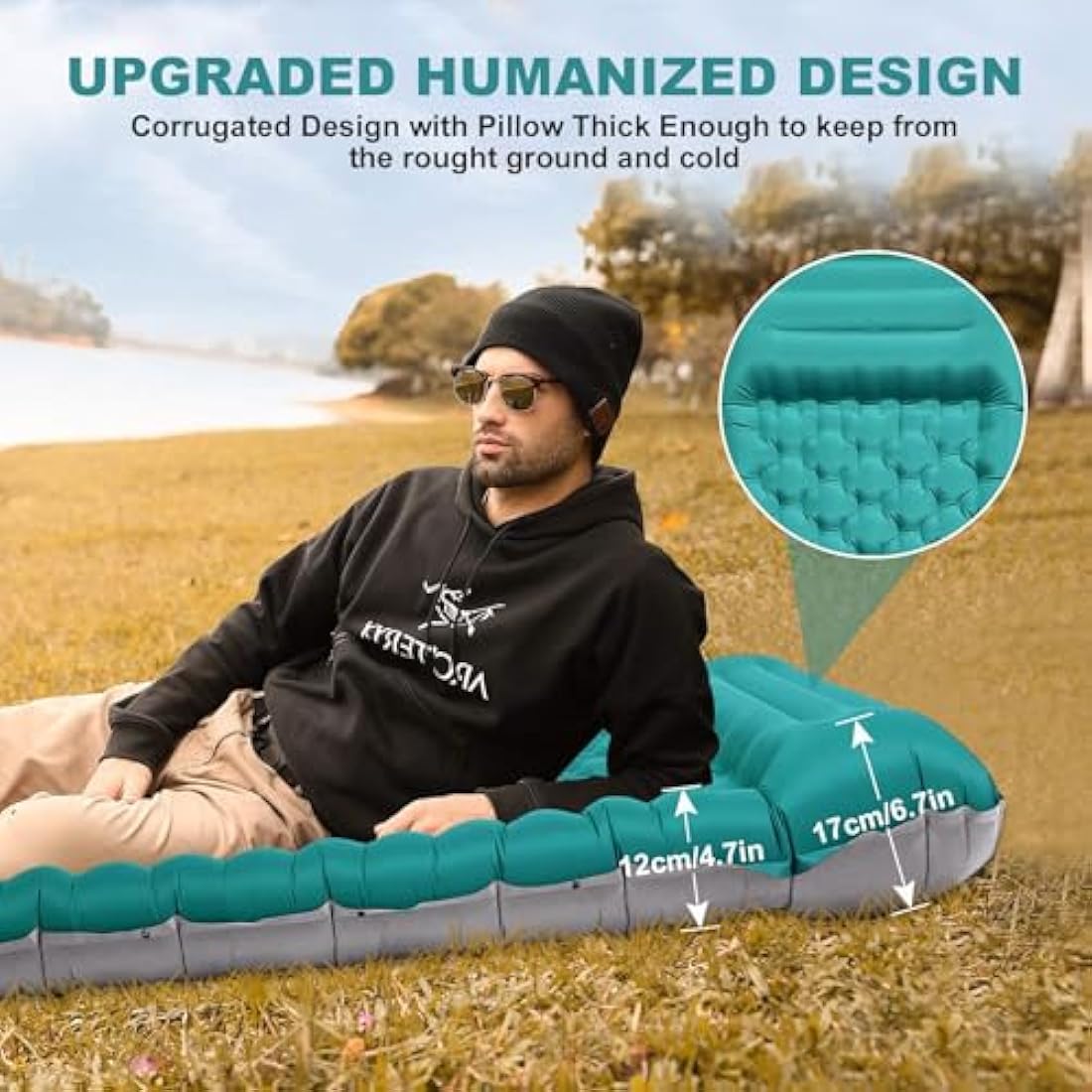Camping Sleeping Pad with Pillow: Extra Thick 12cm Ultra-Light Self Inflating Air Mat, Lightweight Compact Inflatable Sleep Mattress with Built-in Pump Ultimate for Camping, Hiking (Peacock Blue)