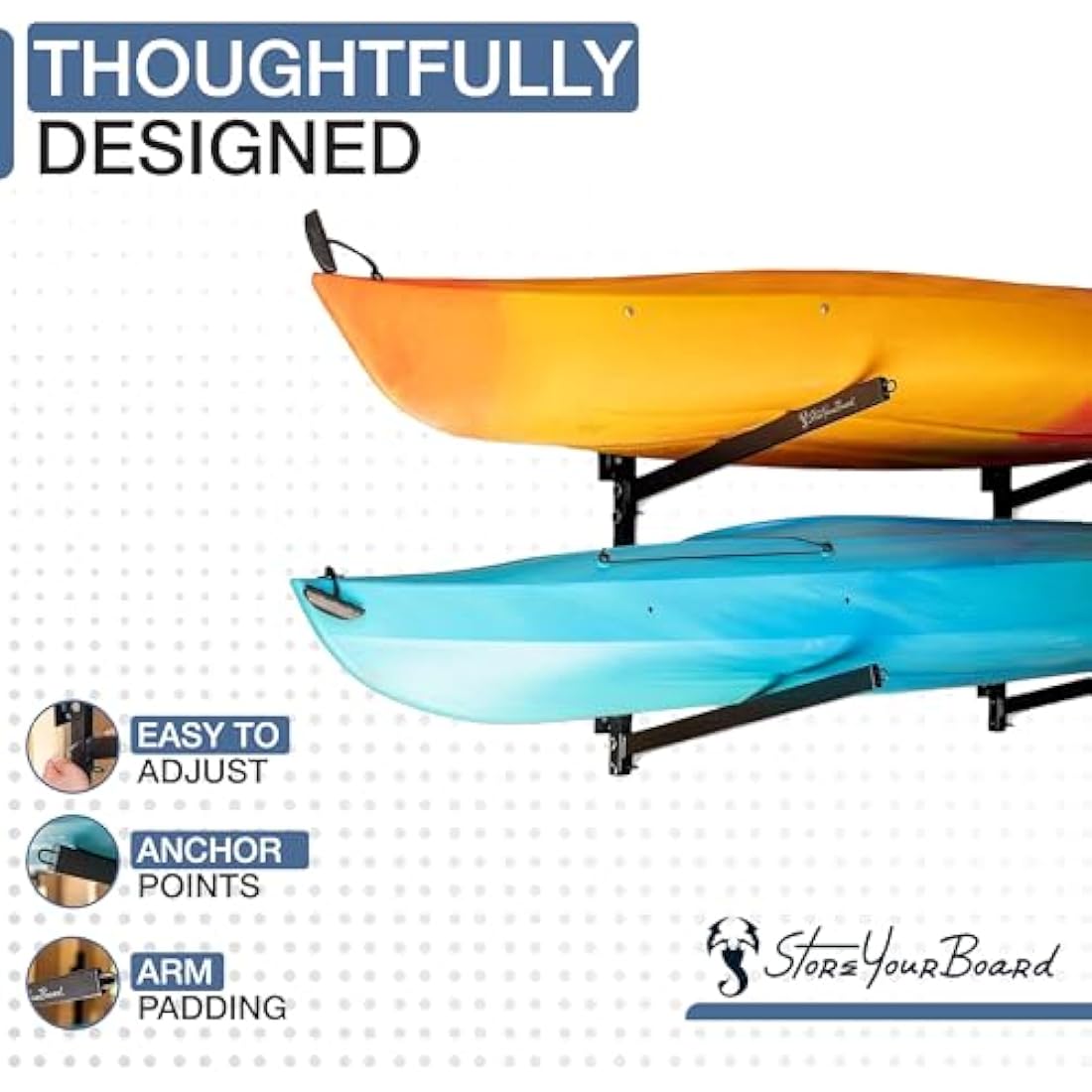 StoreYourBoard 2 Kayak Indoor Storage Rack, Adjustable Garage Wall Mount Hanger, Heavy Duty Holds 200 lbs