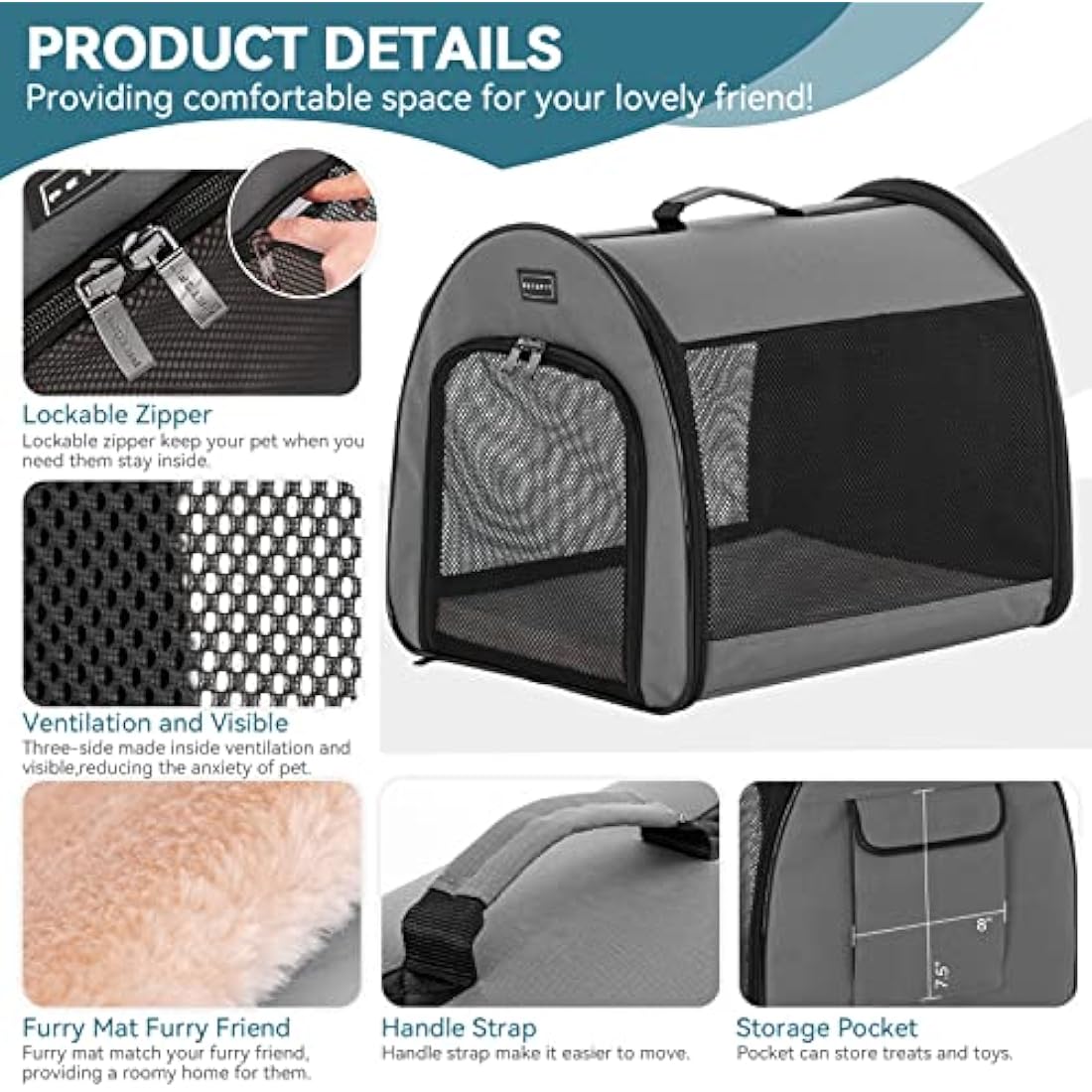PETSFIT Soft Dog Crate, Travel Bag Carrier- 19 Inch Lightweight, Thick Cushion, Roomy, Easy to Set Up, Portable Pop Up Dog Carrier, Sturdy Portable Cat Kennel Grey