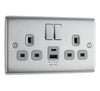 BG Electrical 12W Double Switched Power Wall Plug Socket with Type A and Type C USB Charging Ports, Nexus Metal, Brushed Steel, Grey Inserts, 13A,