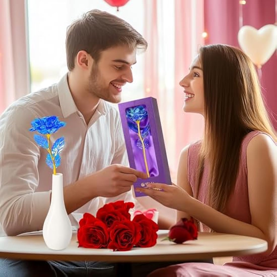 Childom Birthday Gifts for Women,Christmas Rose Gifts For Women Her Mum,Blue Rose Flower With Vase,Valentines Present,Purple Flowers for Grandma Wife Girl Anniversary Christmas Wedding Engagement